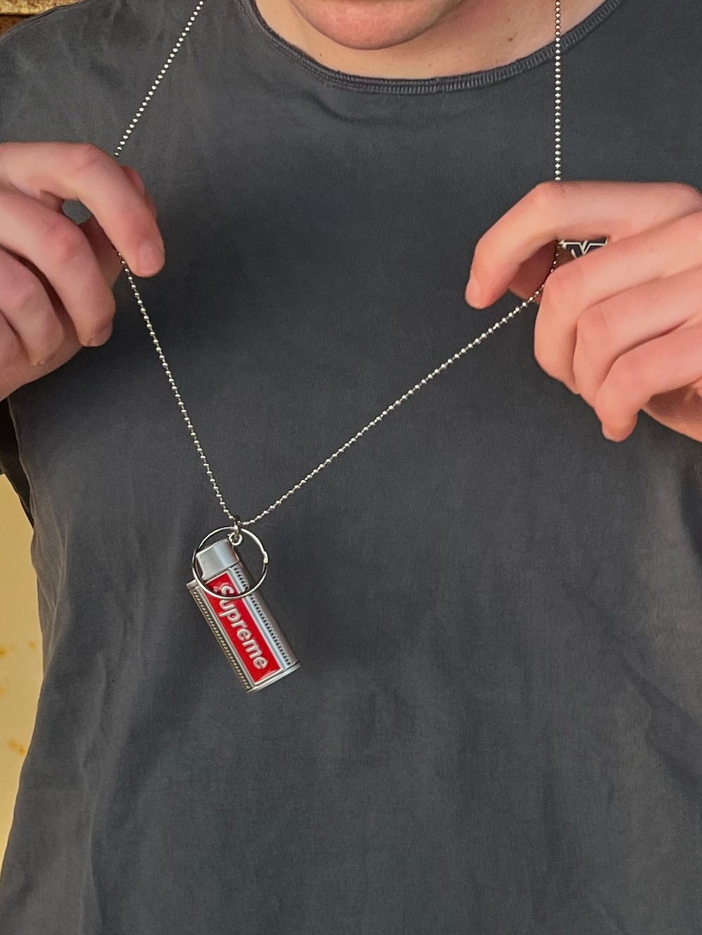 Supreme Silver Chain Necklace Red Logo Lighter Holder Charm Pendant Metal